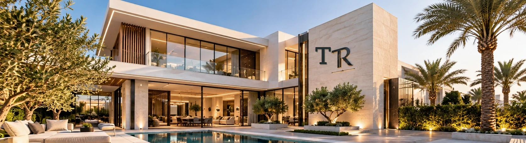 Contemporary villa architecture with landscaped pool
